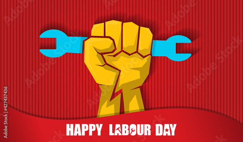 Happy labour day vector label with strong orange fist isolated on red horizontal background. vector happy labor day background or horizontal banner with man hand. red workers may day poster
