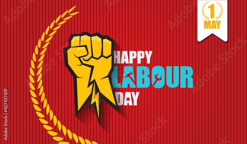 Happy labour day vector label with strong orange fist isolated on red horizontal background. vector happy labor day background or horizontal banner with man hand. red workers may day poster