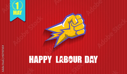 Happy labour day vector label with strong orange fist isolated on red horizontal background. vector happy labor day background or horizontal banner with man hand. red workers may day poster