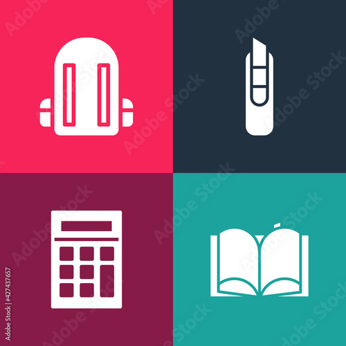 Set pop art Open book  Calculator  Stationery knife and School backpack icon. Vector