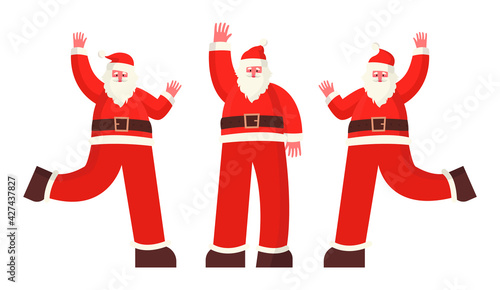 Funny cartoon flat Santa Claus rejoices and waves his hands. Happy New Year and Merry Christmas card, isolated on white background photo