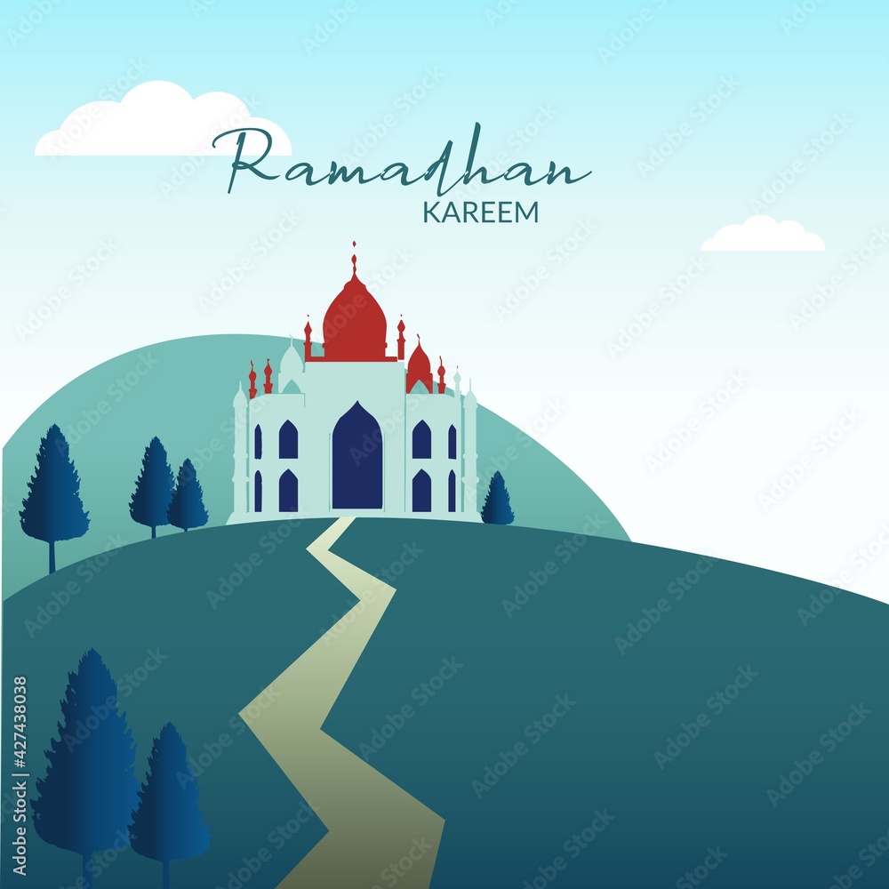 Illustration vector graphic Ramadan Kareem with mosque in the mountain. Perfect for concept of presentation, banner, cover and promotion celebration