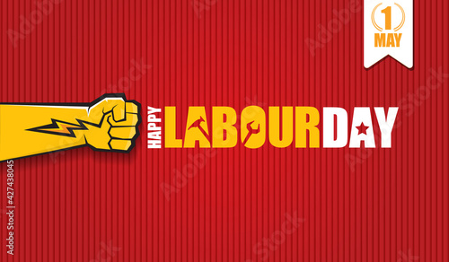 Happy labour day vector label with strong orange fist isolated on red horizontal background. vector happy labor day background or horizontal banner with man hand. red workers may day poster