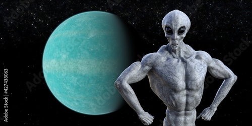 Illustration of a muscled gray alien in the foreground with a planet in the background.