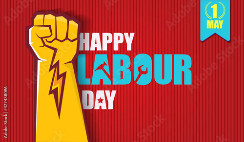 Happy labour day vector label with strong orange fist isolated on red horizontal background. vector happy labor day background or horizontal banner with man hand. red workers may day poster