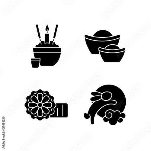 China national holidays black glyph icons set on white space. Rice bowl. Gold ingots. Mooncakes. Moon hare. Chinese funeral tradition. Wealth symbol. Silhouette symbols. Vector isolated illustration