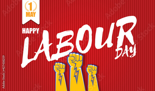 Happy labour day vector label with strong orange fist isolated on red horizontal background. vector happy labor day background or horizontal banner with man hand. red workers may day poster