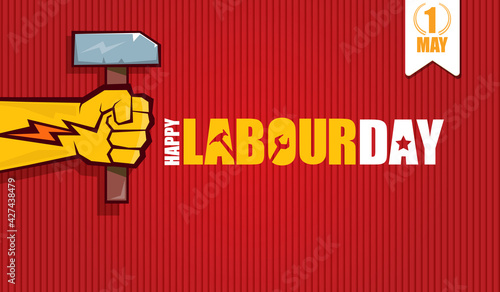 Happy labour day vector label with strong orange fist isolated on red horizontal background. vector happy labor day background or horizontal banner with man hand. red workers may day poster