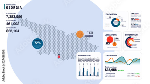 Detail infographic vector illustration. Map of Georgia and Infographic elements - bar and line charts, percents, pie charts. Dashboard theme.