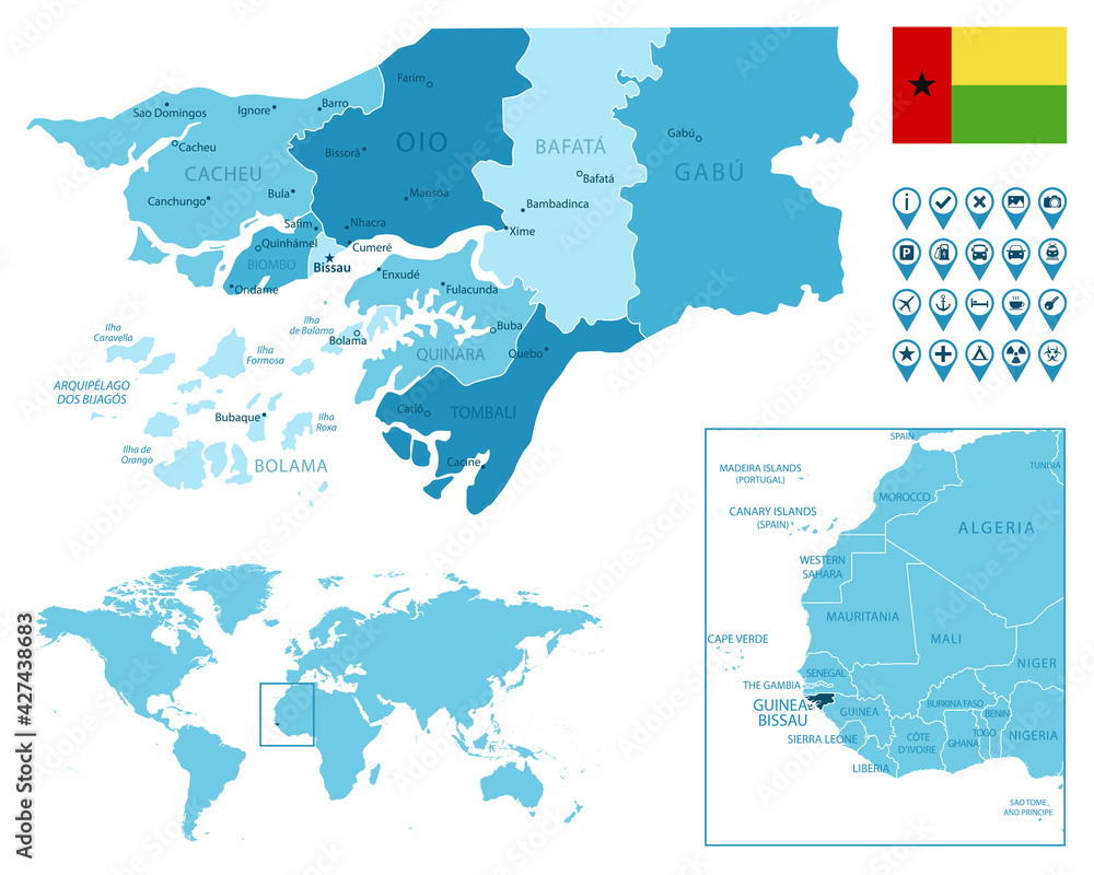 Fototapeta premium Guinea-Bissau detailed administrative blue map with country flag and location on the world map.
