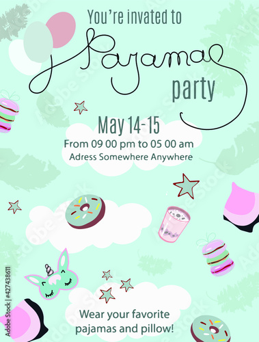 Pajama Party invitation card template, lettering, turquoise, snacks, night masks, donuts, macarons, feathers.