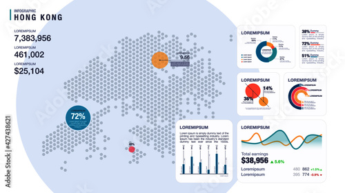 Detail infographic vector illustration. Map of Hongkong and Infographic elements - bar and line charts, percents, pie charts. Dashboard theme.