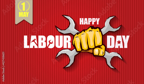 Happy labour day vector label with strong orange fist isolated on red horizontal background. vector happy labor day background or horizontal banner with man hand. red workers may day poster