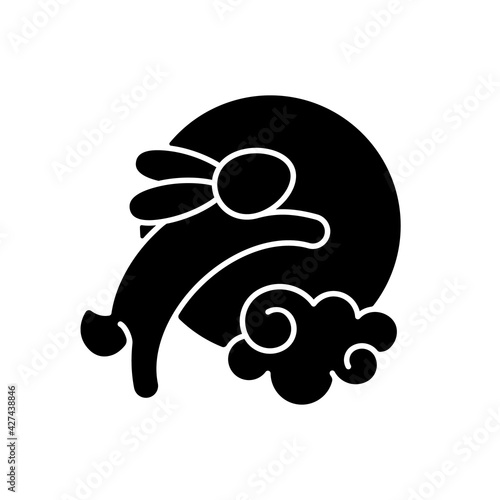 Rabbits and moon black glyph icon. Moon hare. Immortal jade rabbit. Mid-autumn festival. Mythical figure. Chinese, zodiac folklore. Silhouette symbol on white space. Vector isolated illustration