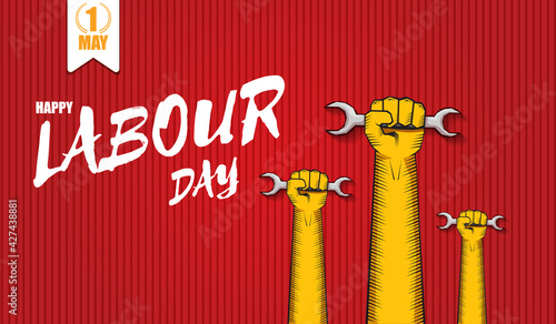 Happy labour day vector label with strong orange fist isolated on red horizontal background. vector happy labor day background or horizontal banner with man hand. red workers may day poster