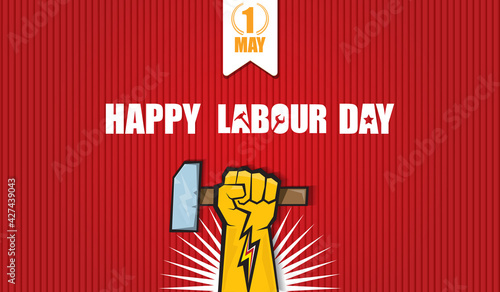 Happy labour day vector label with strong orange fist isolated on red horizontal background. vector happy labor day background or horizontal banner with man hand. red workers may day poster