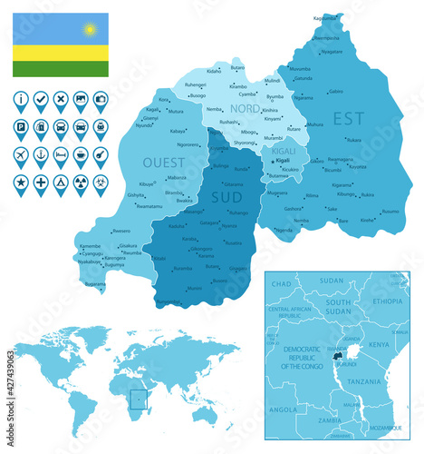 Rwanda detailed administrative blue map with country flag and location on the world map. photo