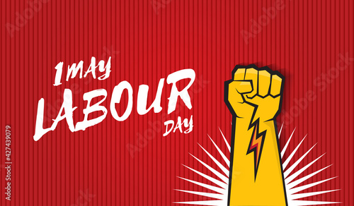 Happy labour day vector label with strong orange fist isolated on red horizontal background. vector happy labor day background or horizontal banner with man hand. red workers may day poster
