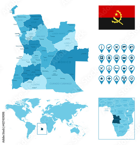 Angola detailed administrative blue map with country flag and location on the world map. photo