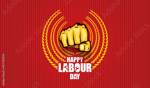Happy labour day vector label with strong orange fist isolated on red horizontal background. vector happy labor day background or horizontal banner with man hand. red workers may day poster