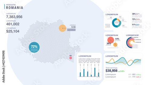 Detail infographic vector illustration. Map of Romania and Infographic elements - bar and line charts, percents, pie charts. Dashboard theme.