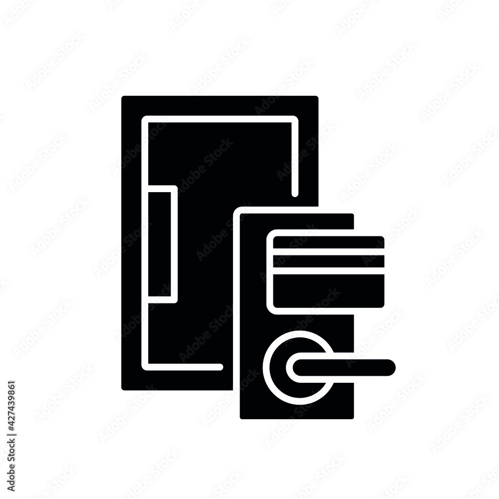 Opening the door with a key card glyph icon. Smart house. Thin line customizable illustration. Contour symbol. Vector isolated outline drawing. Opening the door with a key card glyph icon. Smart house. Thin line customizable illustration. Contour symbol. Vector isolated outline drawing.