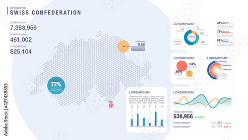 Detail infographic vector illustration. Map of Switzerland and Infographic elements - bar and line charts, percents, pie charts. Dashboard theme.