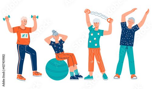 Elderly active people cartoon characters doing sports, flat vector illustration isolated on white background. Active seniors men and women doing sport workout.