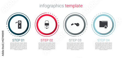 Set Door handle, Key broke inside of padlock, Broken key and Folder. Business infographic template. Vector