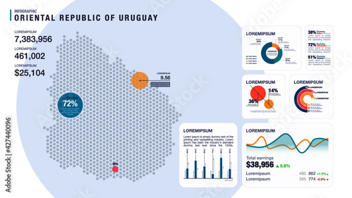 Detail infographic vector illustration. Map of Uruguay and Infographic elements - bar and line charts, percents, pie charts. Dashboard theme.