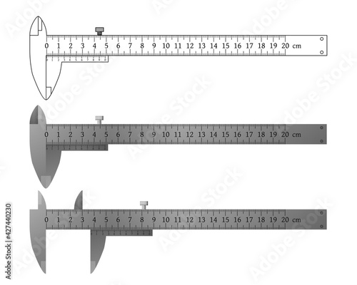 Metal vernier caliper set, outline drawing vector illustration.