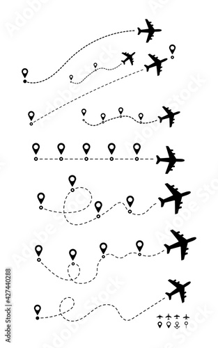 Airplane line path travel line icon set. Vector
