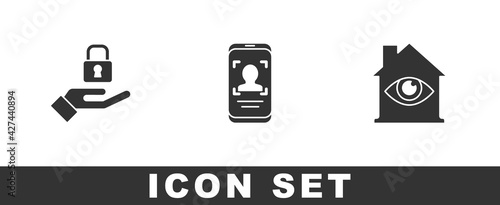 Set Lock in hand, Mobile face recognition and House with eye scan icon. Vector