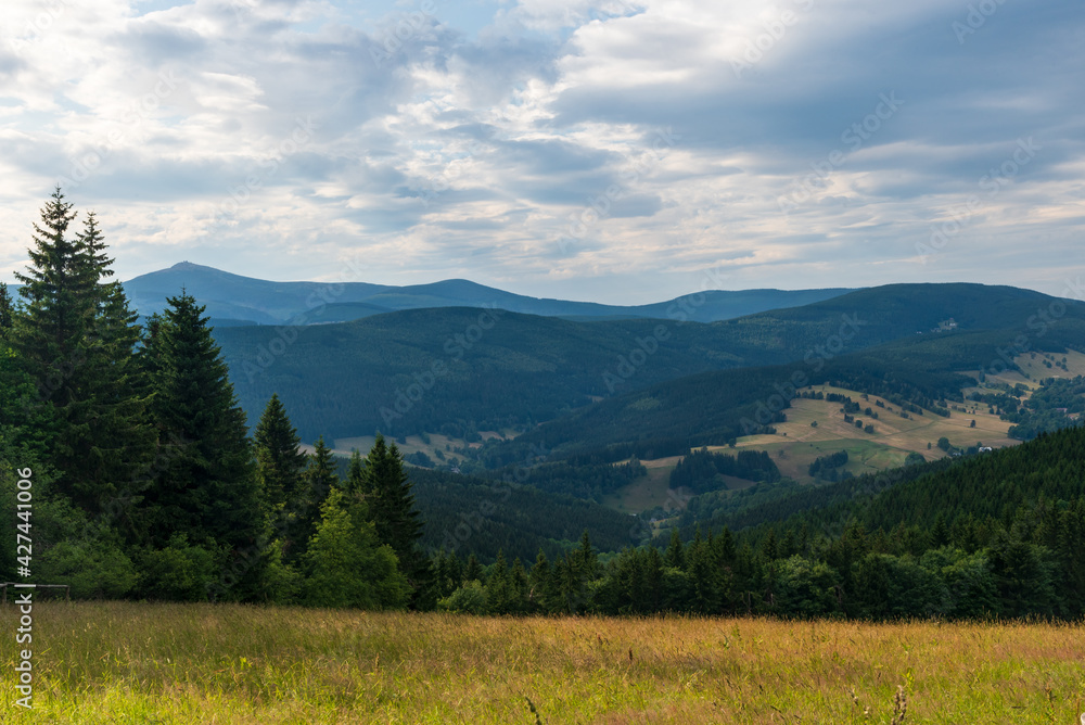Krkonose mountains with highest Snezka hill from view point Nad Rychorskym krizem in Czech republic