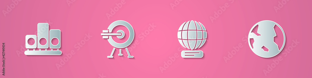 Set paper cut Ranking star, Target with arrow, Worldwide and Earth globe icon. Paper art style. Vector