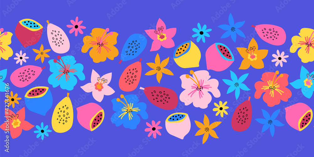Seamless border summer fruit flower border. Repeating cute floral horizontal kids vector background Scandinavian style. Abstract exotic tropical flower, lemons for summer decor, footer, cards, banner Seamless border summer fruit flower border. Repeating cute floral horizontal kids vector background Scandinavian style. Abstract exotic tropical flower, lemons for summer decor, footer, cards, banner