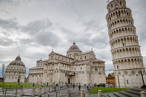 Beautiful view of The Pisa Cathedral (Duomo di Pisa) and the Leaning tower in Piazza dei Miracoli in Pisa, Italy