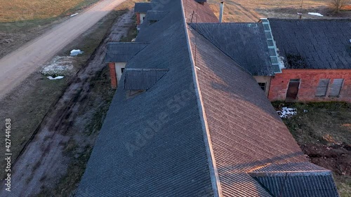 Slate Roof of Old Countryside Warehouse Building with Lightning Rod, Aerial View