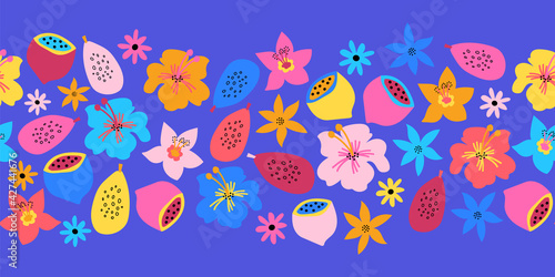 Seamless border summer fruit flower border. Repeating cute floral horizontal kids vector background Scandinavian style. Abstract exotic tropical flower, lemons for summer decor, footer, cards, banner