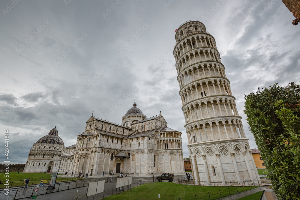 Beautiful view of The Pisa Cathedral (Duomo di Pisa) and the Leaning tower in Piazza dei Miracoli in Pisa, Italy