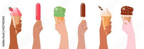 Hands are raised up and holding ice cream