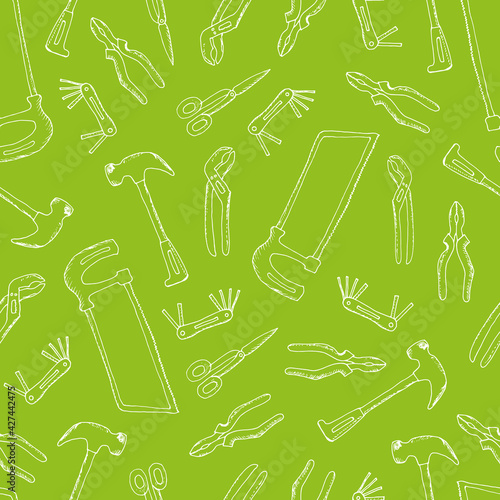 seamless pattern with construction tools. Vector illustration. Drawn by hand in a doodle style. Cartoon. Modern texture for your design can be used as wrapping paper, fabric, wallpaper.