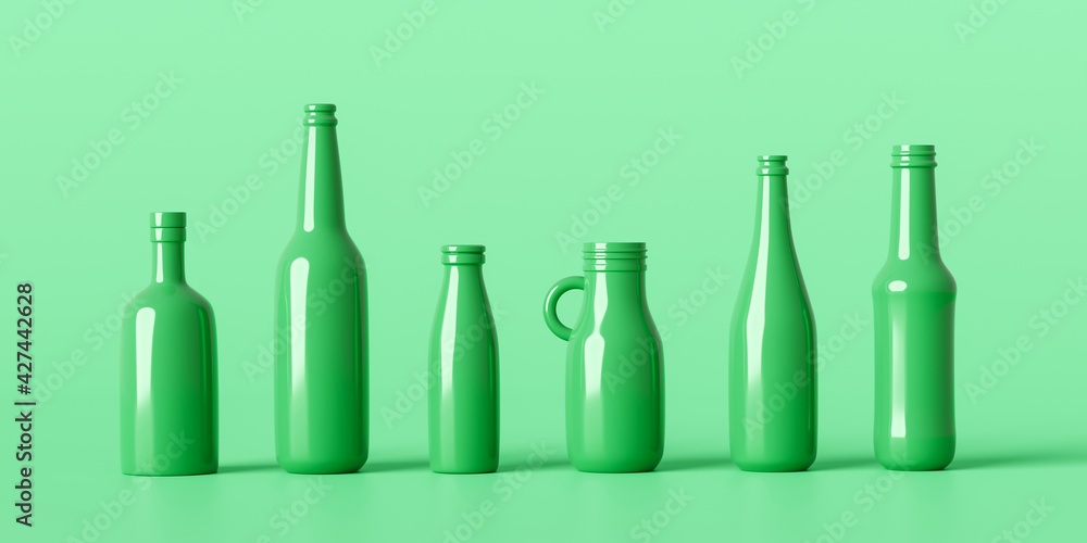 Recycle eco bottles glass or drink beverage container on natural background with recycling package. 3D rendering. Recycle eco bottles glass or drink beverage container on natural background with recycling package. 3D rendering.