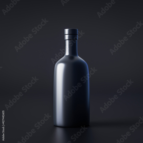 Alcohol bottle package or drink wine glass beverage on dark background with blank product container. 3D rendering.