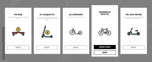 Personal Transport Onboarding Mobile App Page Screen Vector. Scooter And Bicycle, Motorbike And Bike, Electric Monowheel And Hoverboard Transport Illustrations