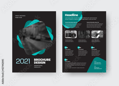 Vector brochure template with creative design on black background, front, back view