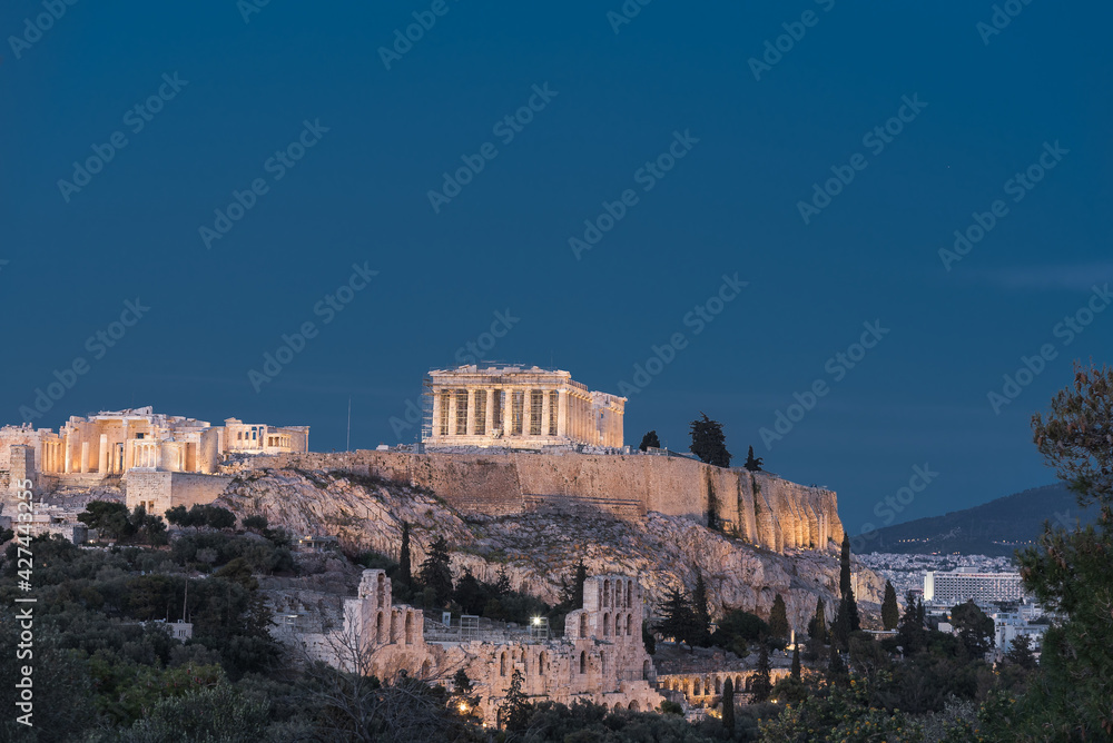 Acropolis Of Athens On Rocky Outcrop. UNESCO World Heritage Site In Greece, wide shot