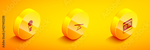 Set Isometric Hot air balloon, Seesaw and Shooting gallery icon. Vector