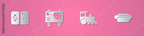 Set paper cut Tarot cards, Amusement park billboard, Toy train and Hotdog icon. Paper art style. Vector