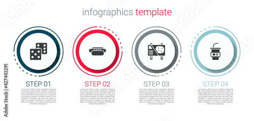 Set Game dice, Hotdog, Amusement park billboard and Paper glass with water. Business infographic template. Vector